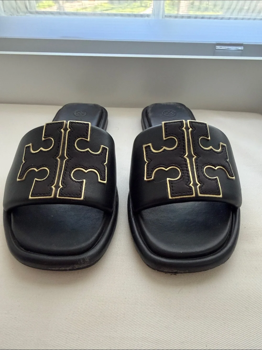 Tory Burch Black Leather Slide Sandals with Gold-Trim Logo